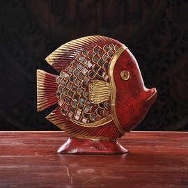 泰国工艺品 木制鱼摆件 开业创意礼品摆设 玻璃贴片站鱼14014